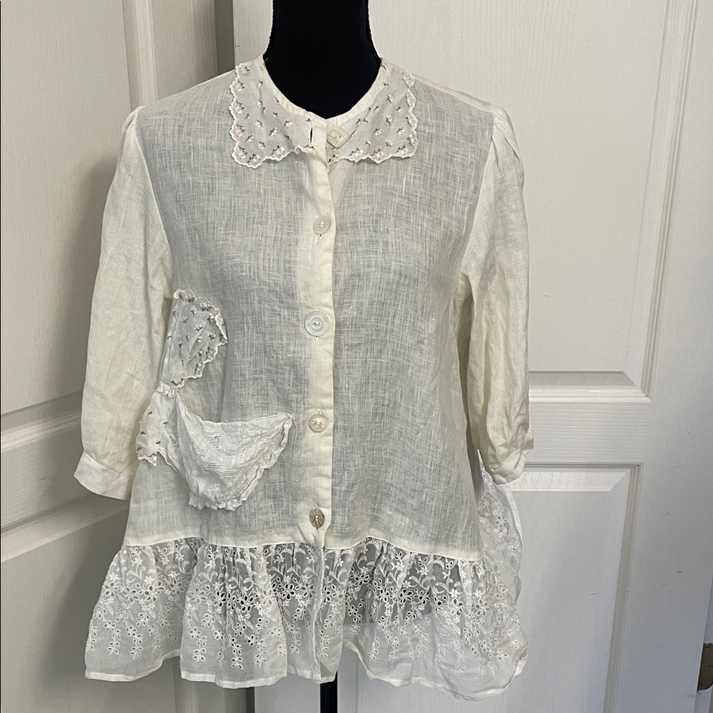 Rabbit Corner Carmel by the Sea vintage linen top blouse lace L boho prairie